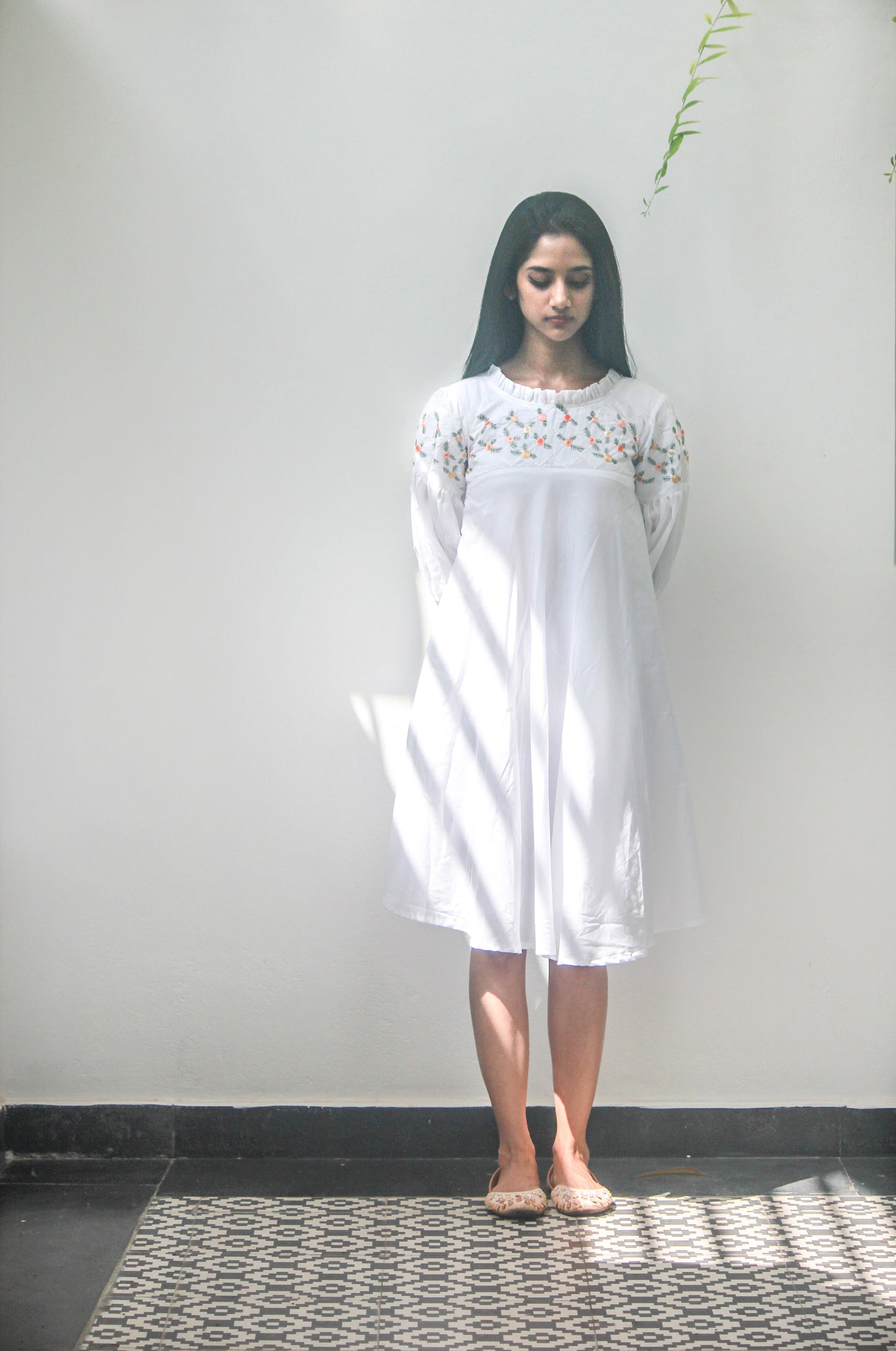 White Cotton Dress with floral embroidery