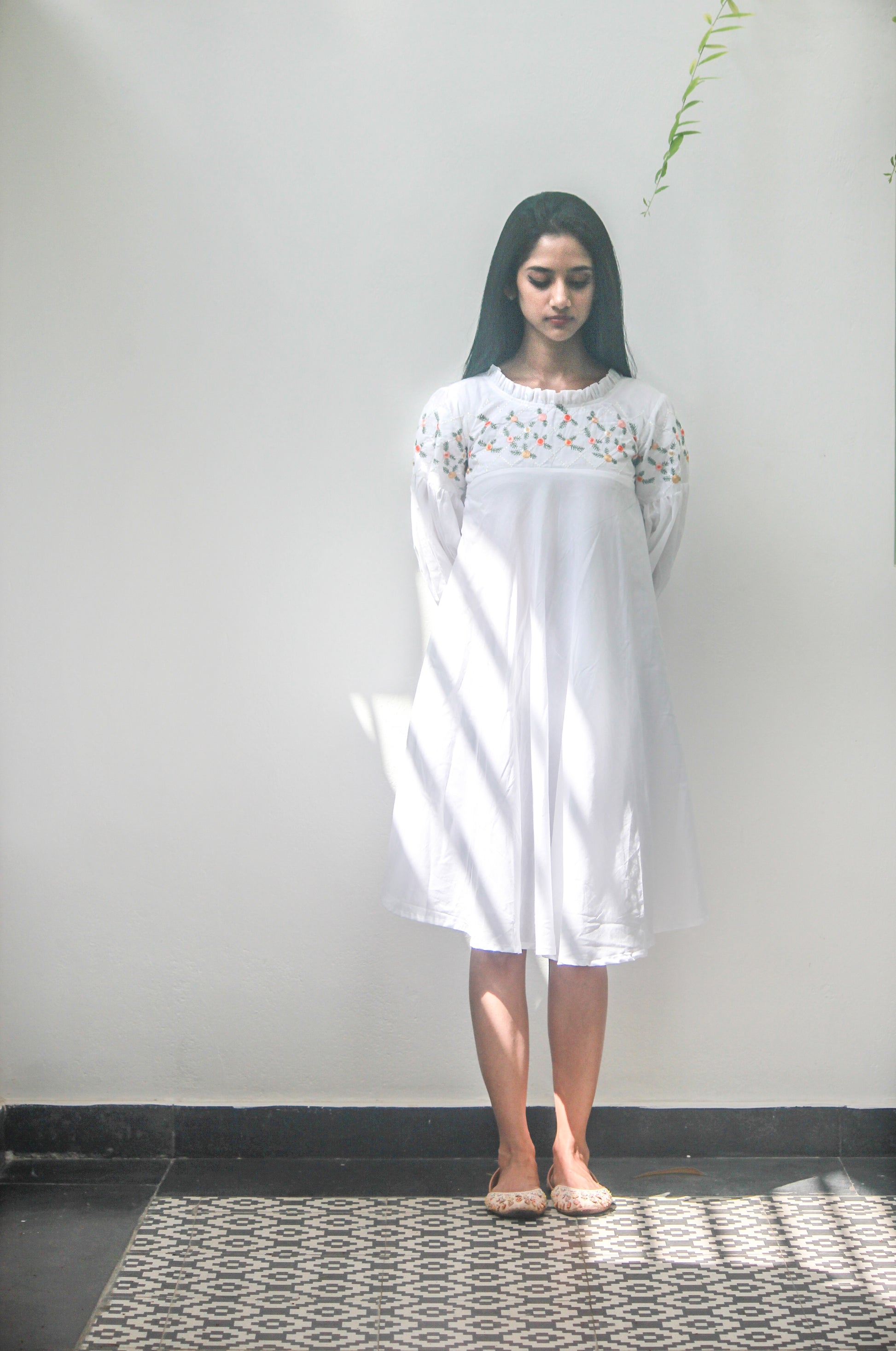 White Cotton Dress with floral embroidery