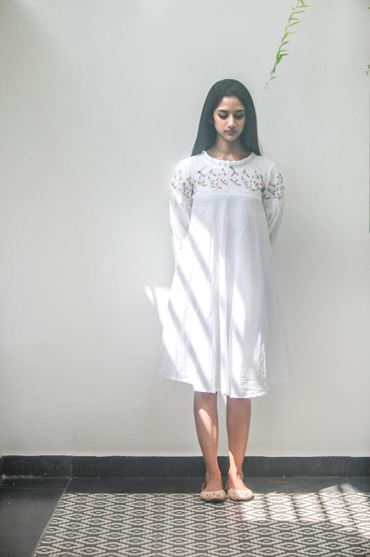 White Cotton Dress with floral embroidery