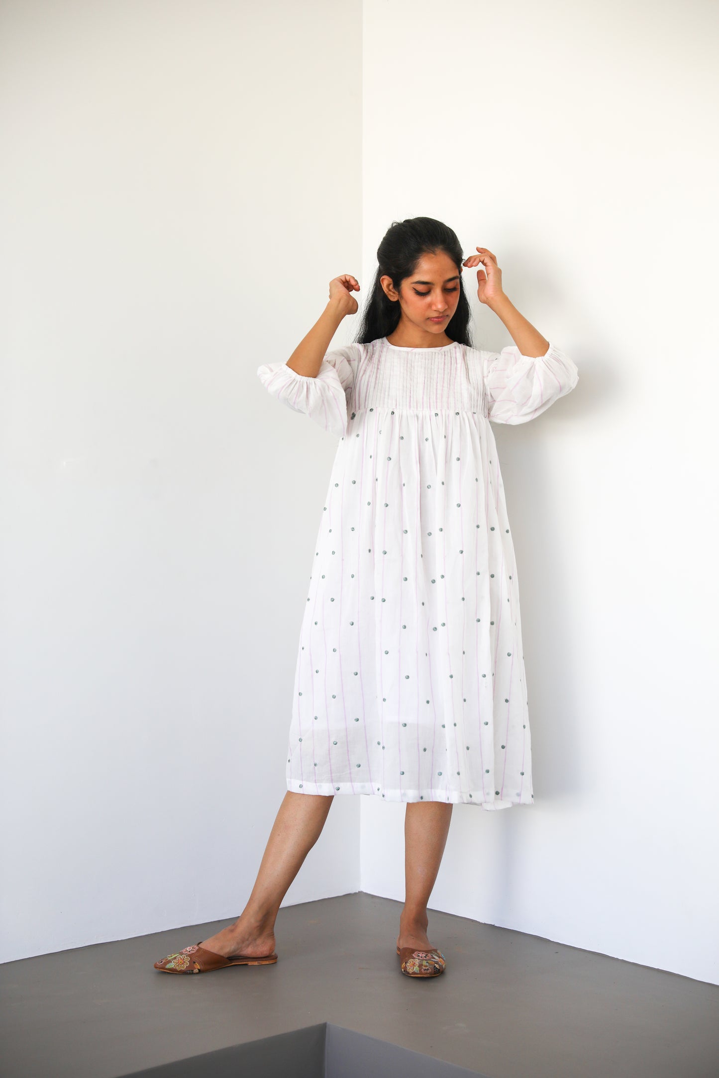 White Pintuck Cotton Dress with stripes and polka dot emrboidery